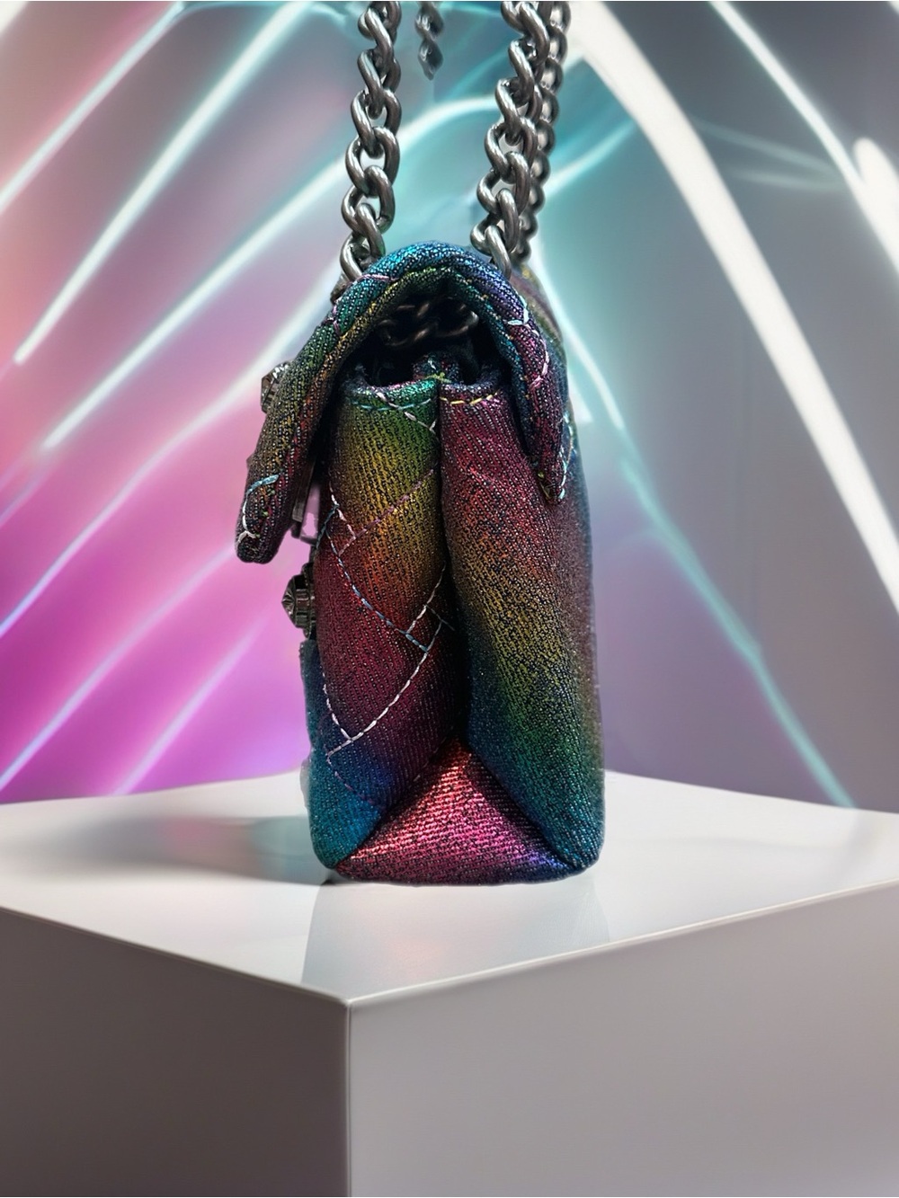 Kurt Geiger Denim Metallic Rainbow Quilted 2 Way Bag W/crystal Studs NWOT - Picture 6 of 10